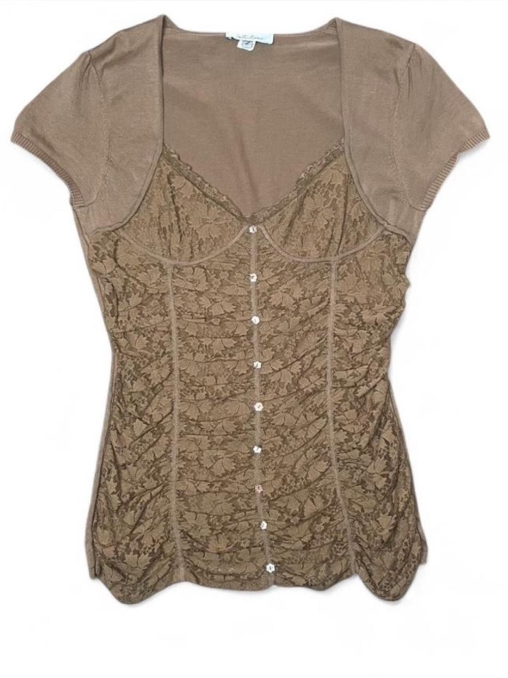 Intuitions Silk Blend Knit and Lace Corset Style Short Sleeve Top Y2K Boho - L